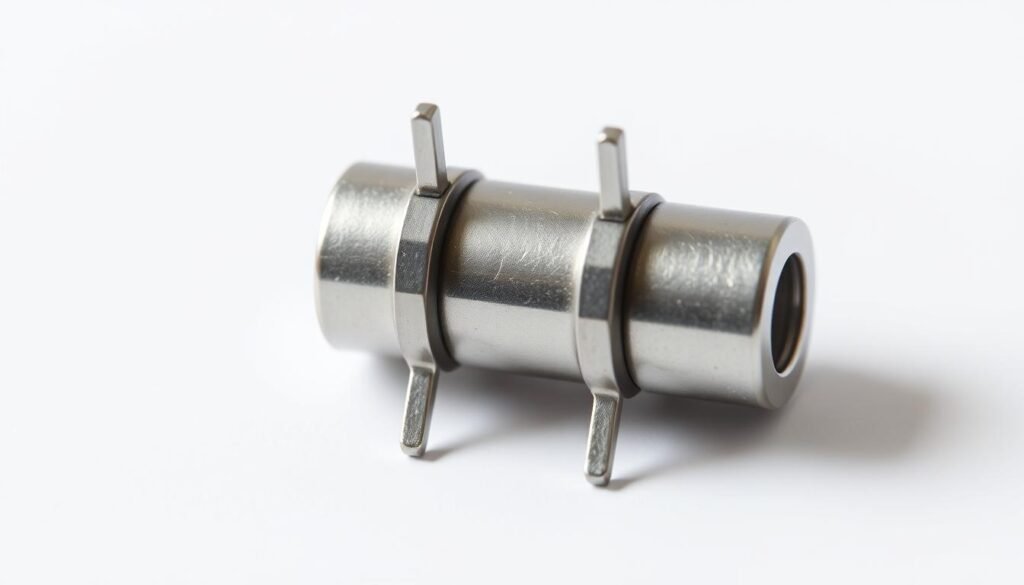 Diode pin configuration of a Informic Electronics 1N4001 rectifier diode. A close-up view of the component's metallic body and two protruding pins, rendered with precise technical accuracy. The pins are positioned symmetrically, with a subtle cast shadow beneath them, against a plain white background. The lighting is soft and diffuse, highlighting the diode's shiny, chrome-like surface. The image conveys a sense of engineering precision and technical detail, suitable for illustrating a section on diode specifications.