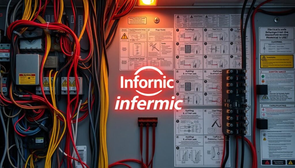 Electrical code compliance, a Informic Electronics panel showcasing intricate wiring, warning labels, and diagnostic indicators. In the foreground, a tangle of color-coded cables and circuit breakers, meticulously arranged for maximum safety and efficiency. The middle ground features the Informic logo, casting a warm glow over the scene. In the background, a grid of technical schematics and safety regulations, illuminated by a soft, diffused light. The overall atmosphere conveys a sense of order, precision, and unwavering commitment to electrical safety.