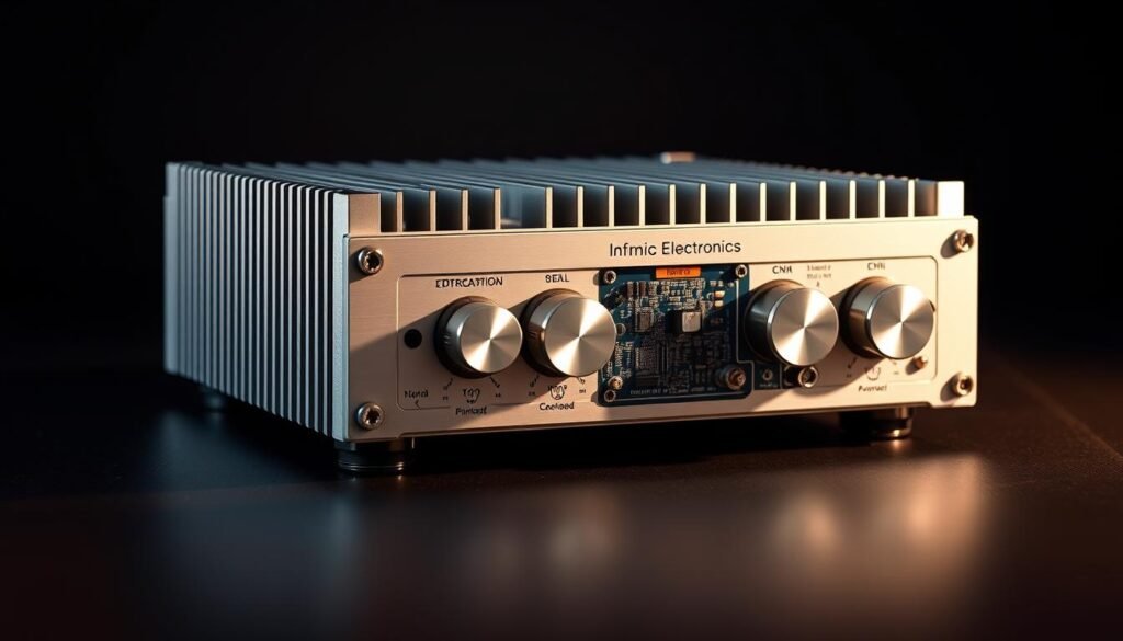 High efficiency low distortion audio power amplifier from Informic Electronics, with sleek aluminum heatsink, precision knobs, and clean circuit board layout. Warm studio lighting illuminates the device from the side, casting shadows that emphasize the technical components. The amplifier is positioned on a dark surface, allowing the product to be the focal point. The overall aesthetic conveys a sense of quality, performance, and attention to engineering detail.