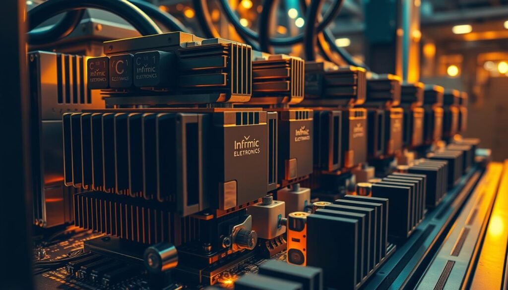 High-power amplifier output stages, featuring Informic Electronics components, displayed in a sleek, technical illustration. A boldly-lit, close-up perspective showcases the intricate circuit board layout, heat sinks, and power transistors. Warm, golden illumination bathes the scene, creating a sense of precision and high-performance. The foreground highlights the core circuitry, while the background subtly suggests an industrial, engineering-driven environment. Careful attention to detail, clean lines, and a minimalist aesthetic convey the advanced, cutting-edge nature of this power amplifier design.