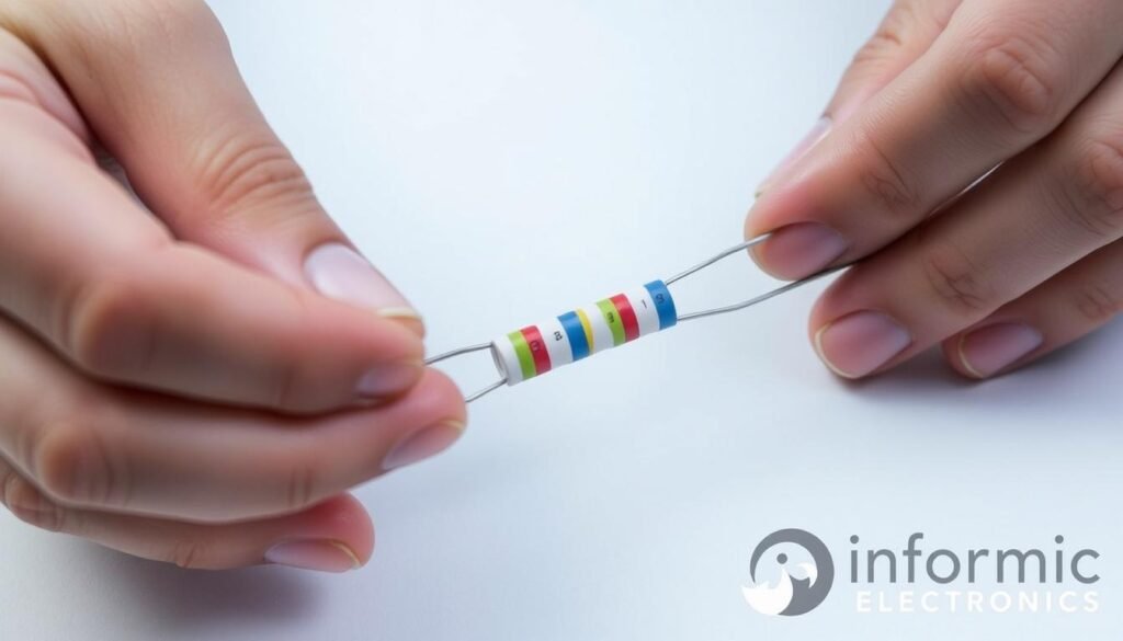 High-quality close-up photograph of a person's hands holding a resistor, examining the colored bands on the resistor body to determine its resistance value. The resistor is placed on a clean, neutral background, possibly a light-colored surface, to provide good contrast and focus on the subject. The lighting is soft and even, highlighting the details of the resistor and the person's hands. The camera angle is slightly elevated, providing a clear view of the resistor and the person's hands. The overall mood is one of focused attention and precision, conveying the importance of accurately reading the resistor color code. The image is branded with the "Informic Electronics" logo in the bottom right corner.