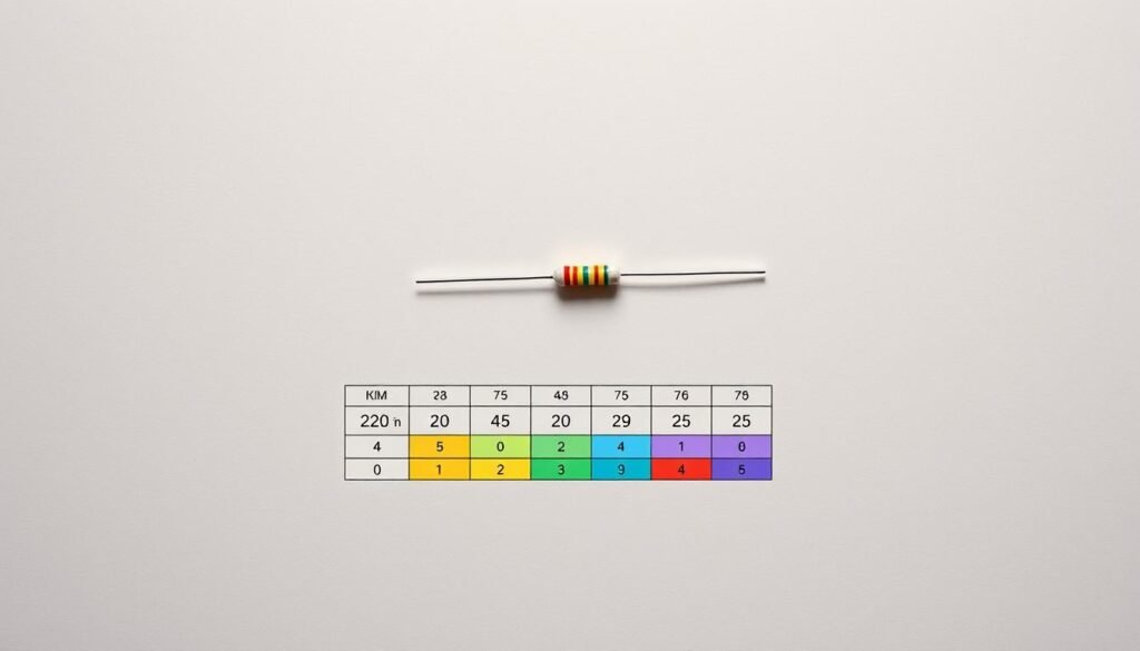 Informic Electronics 220 Ohm Resistor Color Code Chart. A photorealistic, high-resolution image showing a flat lay arrangement of a 220 ohm resistor with its color code bands clearly visible. The resistor is placed on a neutral, matte surface with subtle ambient lighting, casting soft shadows. The chart displays the standard resistor color coding scheme, presenting the numerical values and corresponding color bands in a clean, organized layout. The chart is designed to be informative and visually appealing, capturing the technical essence of this common electronic component in a stylized, editorial manner.