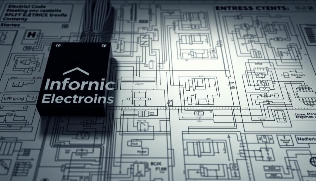 Intricate electrical code compliance diagram, meticulously rendered with precise schematics and technical diagrams. Informic Electronics logo prominently displayed, signifying the brand's commitment to safety and industry standards. Crisp lines, bold colors, and a clean, technical aesthetic capture the essence of a professional electrical engineering blueprint. Subtle lighting from above casts subtle shadows, adding depth and dimensionality to the scene. The layout is organized into clear foreground, middle, and background elements, guiding the viewer's eye through the various components and their interconnections. An authoritative, instructional tone pervades the image, conveying the importance of adhering to electrical codes and safety protocols.