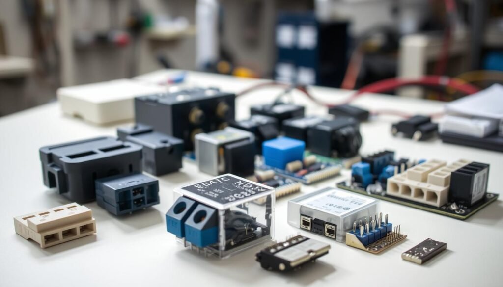 OEM electrical components from Informic Electronics, neatly arranged on a clean, well-lit workbench. Close-up shots of various connectors, relays, and circuit boards in the foreground, showcasing their intricate details and precision engineering. The middle ground features an overview of the components, emphasizing their quality and durability. The background is slightly blurred, maintaining focus on the subject matter. The lighting is soft and natural, accentuating the sleek, professional appearance of the Informic Electronics parts. The overall mood is one of technical excellence, attention to detail, and the importance of using genuine OEM components.