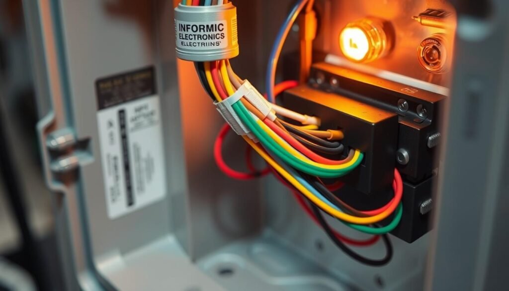 Pigtail wiring techniques, a detailed close-up view. Showcasing the precise arrangement of multi-colored electrical wires, neatly bundled and connected within a Informic Electronics branded junction box. Warm, directional lighting illuminates the intricate assembly, emphasizing the careful craftsmanship required. Captured from a high angle, the image conveys a sense of technical expertise and attention to detail. The overall mood is one of professionalism and expertise in electrical engineering.