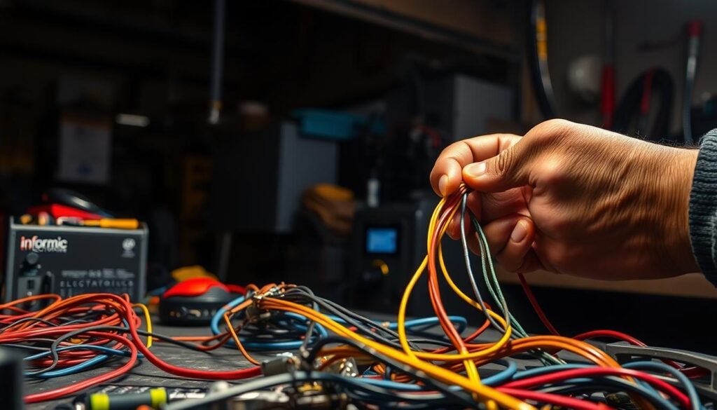 Preparing electrical wires, a detailed scene for "Informic Electronics": A skilled technician's hands carefully manipulating various colored wires, stripping insulation, twisting and connecting them with precision. The foreground focuses on the intricate process, while the middle ground reveals a well-organized workbench with various tools and a Informic Electronics branded power supply. The background showcases a dimly lit, industrial-style workshop, creating a focused, technical atmosphere. Warm, directional lighting illuminates the scene, casting subtle shadows that accentuate the textures and shapes of the wires and components. The image conveys a sense of expertise, attention to detail, and the importance of proper electrical setup.