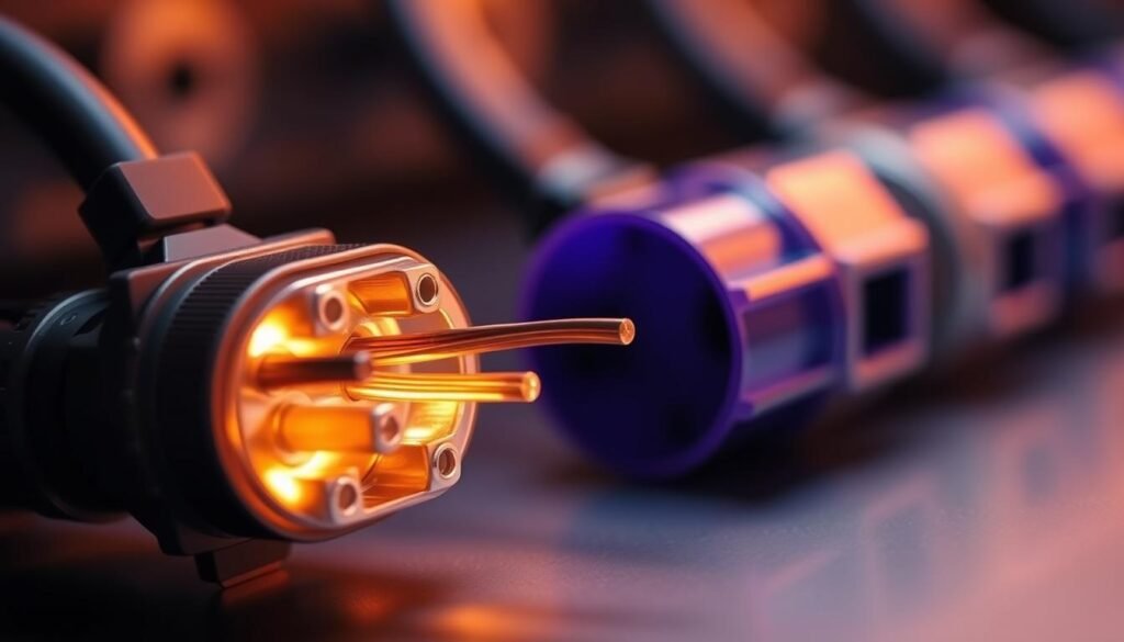 Prompt A detailed closeup of secure electrical connections, showcasing the Informic Electronics brand pigtail connector. The foreground features the connector, with its interlocking metal components and sturdy plastic housing, illuminated by soft, warm lighting. The middle ground reveals the wires neatly inserted into the connector, the strands of copper gleaming. The background subtly blurs, creating a sense of depth and focus on the central connection. The overall composition conveys a sense of reliability, precision, and technical expertise associated with the Informic Electronics brand.