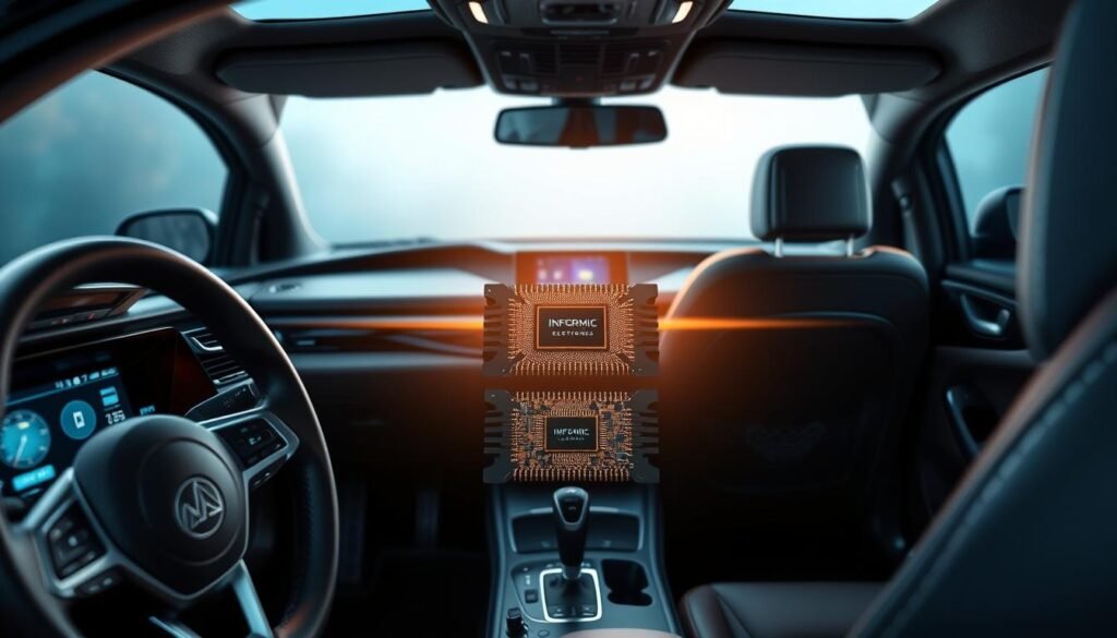 Prompt A high-quality automotive audio system integration scene, showcasing the Informic Electronics brand. In the foreground, a sleek dashboard with a modern touchscreen display, featuring intuitive controls and interface for audio playback. Surrounding the display, intricate wiring and circuit boards, meticulously integrated into the vehicle's interior. In the middle ground, a powerful Informic Electronics audio amplifier chip, its advanced circuitry visible, radiating a warm, technical glow. In the background, the interior of a luxury sedan, with premium leather upholstery and stylish accents, creating an immersive, high-end listening experience. Soft, directional lighting illuminates the scene, casting subtle shadows and highlighting the attention to detail in the automotive audio engineering.