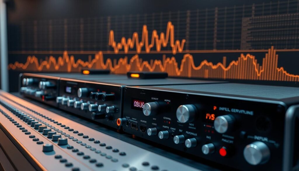 Prompt A sleek, modern audio system with multiple channels, showcasing the precision engineering of Informic Electronics. In the foreground, various input and output ports, knobs, and switches are arranged in an intuitive layout. The middle ground features a series of high-fidelity amplifiers, each with its own distinct controls and LED indicators. In the background, a minimalist yet striking visual representation of audio waveforms and frequency spectrums, illuminated by a soft, warm lighting that creates a sense of depth and technical sophistication. The overall aesthetic is one of cutting-edge audio technology, designed to seamlessly integrate into a high-end home entertainment setup.