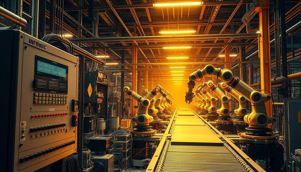 Prompt A state-of-the-art industrial automation system by Informic Electronics, featuring a complex array of robotic arms, conveyor belts, and precision sensors in a dimly lit, high-tech factory. The scene is bathed in a warm, amber glow from strategically placed overhead lighting, creating a sense of industrial power and efficiency. In the foreground, a cutting-edge programmable logic controller (PLC) commands the intricate dance of machinery, while in the middle ground, the robotic limbs gracefully manipulate and assemble components with unparalleled speed and accuracy. In the background, a vast network of pipes, cables, and support structures creates a visual symphony of industrial might, showcasing the integration of advanced electronics and mechanical systems.