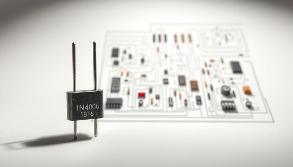 Rectifier circuit voltage stress - a highly detailed, photorealistic technical diagram. In the foreground, a 1N4006 diode with realistic textures and precise dimensions, casting soft shadows. In the middle, a complex rectifier circuit layout with precisely modeled components - resistors, capacitors, and other electronic parts, all wired together. The background features a clean, white technical backdrop, with carefully placed lighting to create depth and highlights the circuit details. The overall mood is one of technical precision and engineering, reflecting the "Application Insights and Circuit Considerations" section of the Informic Electronics 1N4006 diode datasheet.