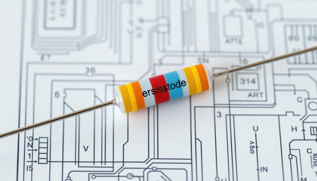 Resistor color code bands on a background of a high-quality engineering schematic, rendered in a technical, detailed style. The bands are prominently displayed, with vivid colors and precise alignment. The resistor is part of a larger circuit, with fine lines and annotations indicating its purpose. The image has a clean, professional appearance, with a soft, neutral lighting that highlights the technical details. The resistor is labeled "Informic Electronics" to reflect the brand.