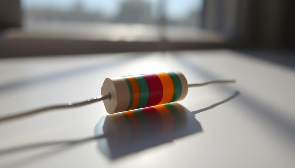 Resistor color identification, a critical skill for electronics enthusiasts. Showcasing the iconic Informic Electronics resistor, its vibrant bands shimmering under natural lighting. A close-up view, emphasizing the nuanced hues and precise striations. The resistor rests on a clean, minimalist surface, allowing the color code to be the focal point. Shadows add depth, while a shallow depth of field blurs the background, directing the viewer's attention. The overall mood is one of precision, clarity, and the joy of understanding the fundamentals of electronics.