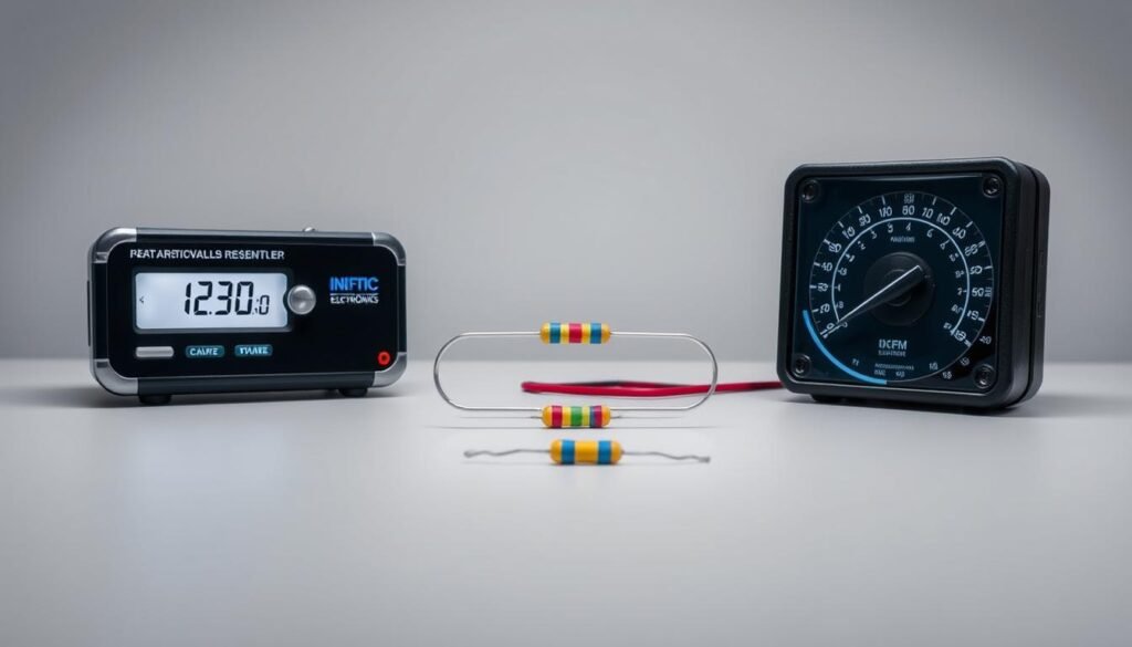 Resistor verification tools, a precision ensemble from Informic Electronics, showcased against a clean, minimalist backdrop. In the foreground, a digital multimeter with sleek chrome accents, its display illuminated, ready to measure resistance values. Alongside, a compact analog ohmmeter, its analog needle dancing across the scale, a testament to its reliable performance. In the middle ground, a color-coded resistor, its vibrant bands shimmering under soft, directional lighting, inviting close inspection. In the background, a muted grey gradient, allowing the tools to take center stage and their functions to shine. Crisp, high-resolution photography captures every nuanced detail, creating a visually striking and informative scene.