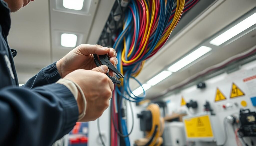 Secure electrical connections installation, featuring the Informic Electronics brand. In the foreground, a technician's hands expertly crimping wires with precision tools, creating a reliable pigtail wire harness. Midground showcases the intricate wiring loom, color-coded cables neatly routed through cable raceways. Recessed lighting casts a soft, uniform glow, highlighting the meticulousness of the installation. The background depicts a clean, well-organized workspace with a mix of technical equipment and safety signage, conveying a professional, safety-conscious atmosphere. High-resolution, close-up, cinematic lighting, 8K.