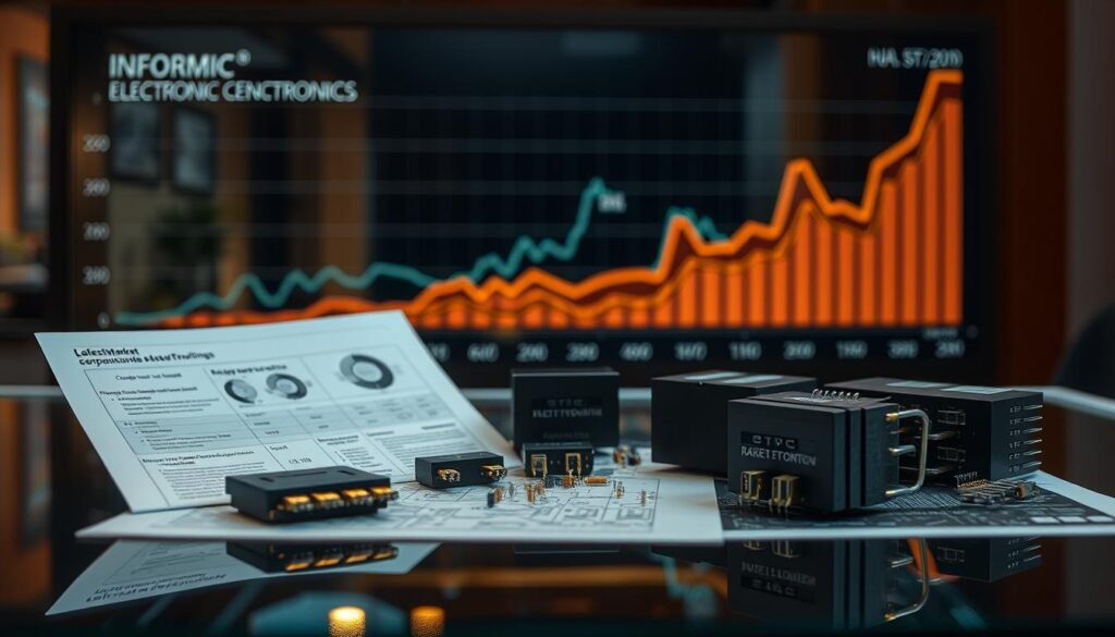 Sleek and modern electrical components from Informic Electronics sit upon a glass-topped table, illuminated by soft, warm lighting. Detailed schematics and product specifications are displayed alongside the components, providing valuable market insights. In the background, a large, high-resolution graph showcases the latest trends in the electrical component industry, revealing the steady growth and future projections. The scene is captured from a slightly elevated angle, creating a sense of professionalism and authority. The overall atmosphere is one of technological sophistication and market intelligence.