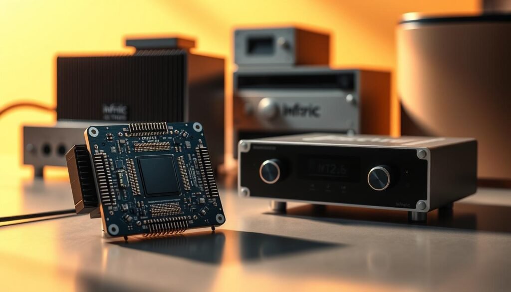 Sleek and sophisticated high-efficiency audio components from Informic Electronics, bathed in warm, directional lighting that highlights their intricate circuitry and premium metal casings. In the foreground, a powerful amp chip with precision-engineered heat sinks and shielding, its edges casting strong shadows. In the middle ground, a compact digital-to-analog converter with a minimalist display and strategically placed control knobs. The background features a harmonious arrangement of other Informic audio components, their clean lines and metallic finishes creating a cohesive, high-end aesthetic. The overall scene conveys the advanced technology and engineering excellence of Informic's audio product lineup.