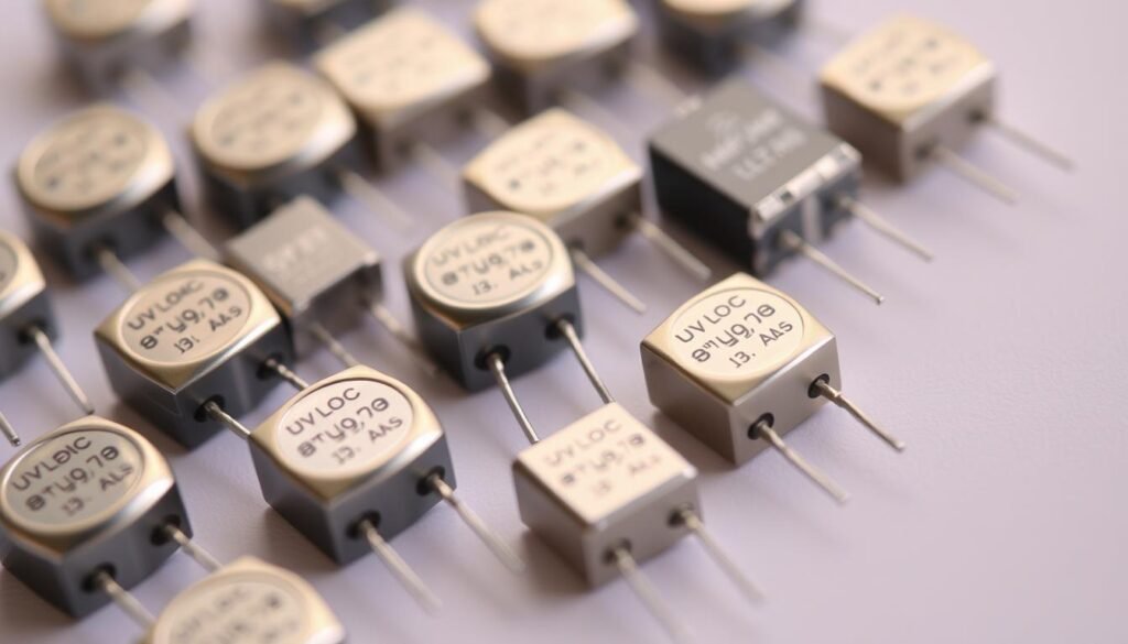 Smd capacitor identification, close-up view of a selection of surface mount capacitors from the Informic Electronics brand. Crisp focus on the component bodies, showcasing their distinct physical markings and labels. Soft, diffused lighting illuminates the capacitor's metallic surfaces, highlighting their varied sizes and capacitance values. The components are arranged on a clean, neutral background, allowing their individual characteristics to take center stage. Subtle reflections add depth and dimension, inviting the viewer to examine the details of these essential electronic parts.