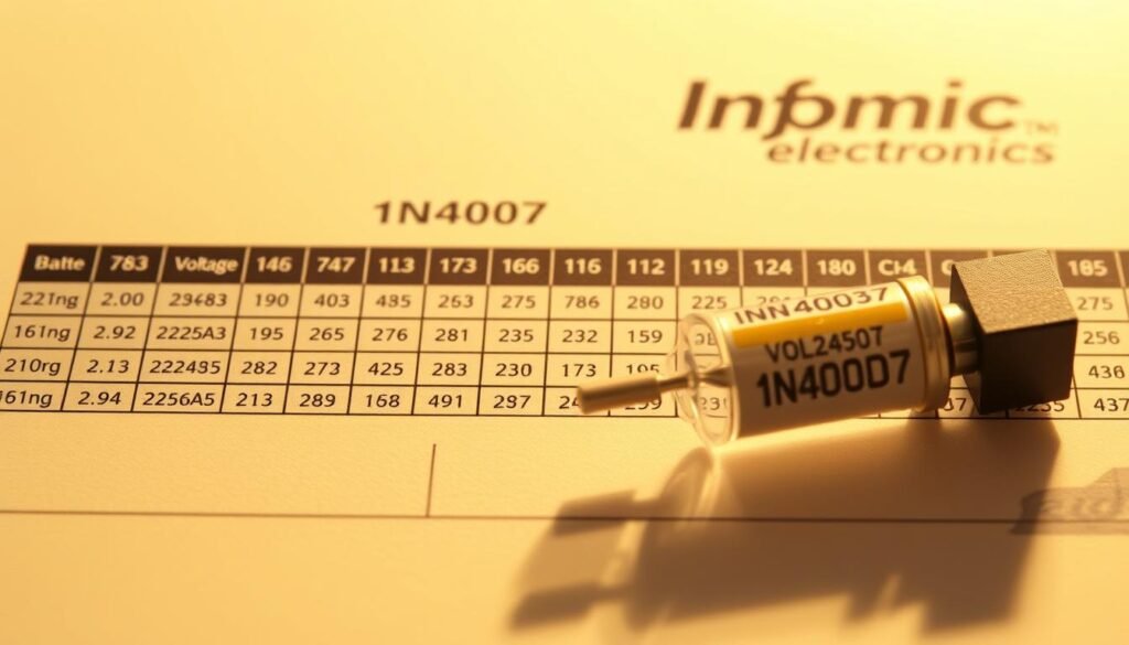 Voltage Current Ratings - Detailed technical diagram of a 1N4007 diode, showcasing its key electrical specifications. Prominently displayed in the foreground, the diode's terminal connections and cross-sectional view are rendered in precise, technical detail. The middle ground features a grid-like layout of numerical values and units, highlighting the diode's voltage and current ratings. The background subtly includes the Informic Electronics brand name, conveying a sense of technical professionalism. Warm, neutral lighting casts shadows that emphasize the diode's three-dimensional form, while a clean, minimalist composition allows the technical information to take center stage.