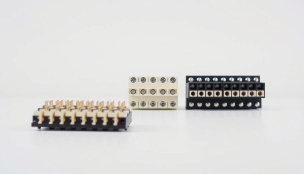 Voltage ratings terminal blocks, a high-precision engineering marvel from Informic Electronics. In the foreground, a sleek array of terminals, their metallic contacts gleaming under crisp studio lighting. The middle ground showcases the modular design, allowing for customizable configurations to suit diverse applications. In the background, a clean, minimalist backdrop accentuates the technical prowess of this essential component. Captured at a slight angle to highlight the intricate details, this image conveys the key features and technical specifications of this small terminal block, a true embodiment of Informic's commitment to quality and innovation.