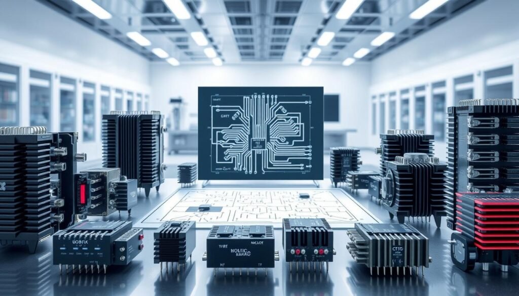 Voltage regulator selection, a technical showcase for Informic Electronics. In the foreground, a diverse array of adjustable power regulators, their intricate circuits and heat sinks meticulously detailed. The middle ground features a circuit diagram, illuminating the inner workings of these precision devices. In the background, a sleek, contemporary laboratory setting, with clean lines and modern lighting, creating an atmosphere of technological sophistication. Soft shadows and highlights accentuate the regulators' form and function, inviting the viewer to explore the nuances of power management. The image conveys the importance of selecting the right regulator for electronics manufacturing, highlighting Informic Electronics' expertise in this critical domain.