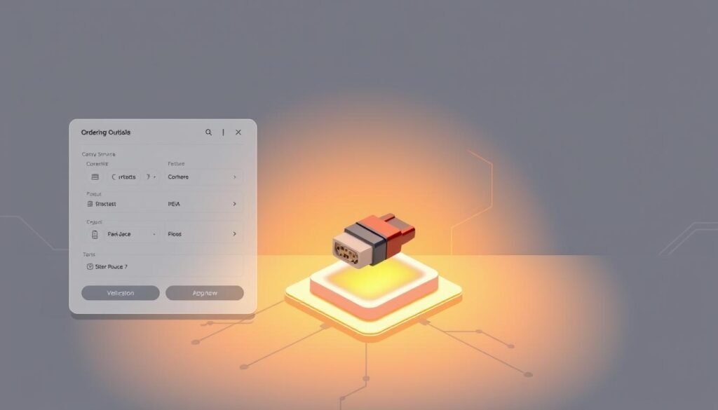 a detailed, architectural illustration of a simplified ordering process for automotive pigtails, showcasing the Informic Electronics brand. In the foreground, a clean, minimalist user interface with intuitive navigation and product selection. In the middle ground, a sleek, isometric 3D rendering of the product itself, highlighted by warm, directional lighting. The background features a subtle, geometric pattern suggestive of electrical circuitry, creating a sense of technological sophistication. The overall mood is one of efficiency, precision, and user-friendly design, reflecting the high-quality nature of the Informic Electronics brand.