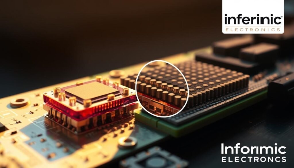 a detailed cross-section view of a printed circuit board with a Ball Grid Array (BGA) component, showcasing the dye and pry testing methodology used to validate the mechanical strength of the solder joints. The board is illuminated by soft, directional lighting, casting subtle shadows that highlight the intricate structures. In the foreground, a BGA component is partially removed, revealing the dyed solder joints and the internal structure of the component. In the middle ground, a close-up view of the solder joints is visible, with the dye penetrating the gaps and crevices, providing a clear visual representation of the testing process. In the background, the Informic Electronics logo is subtly displayed, indicating the provenance of this technical illustration.