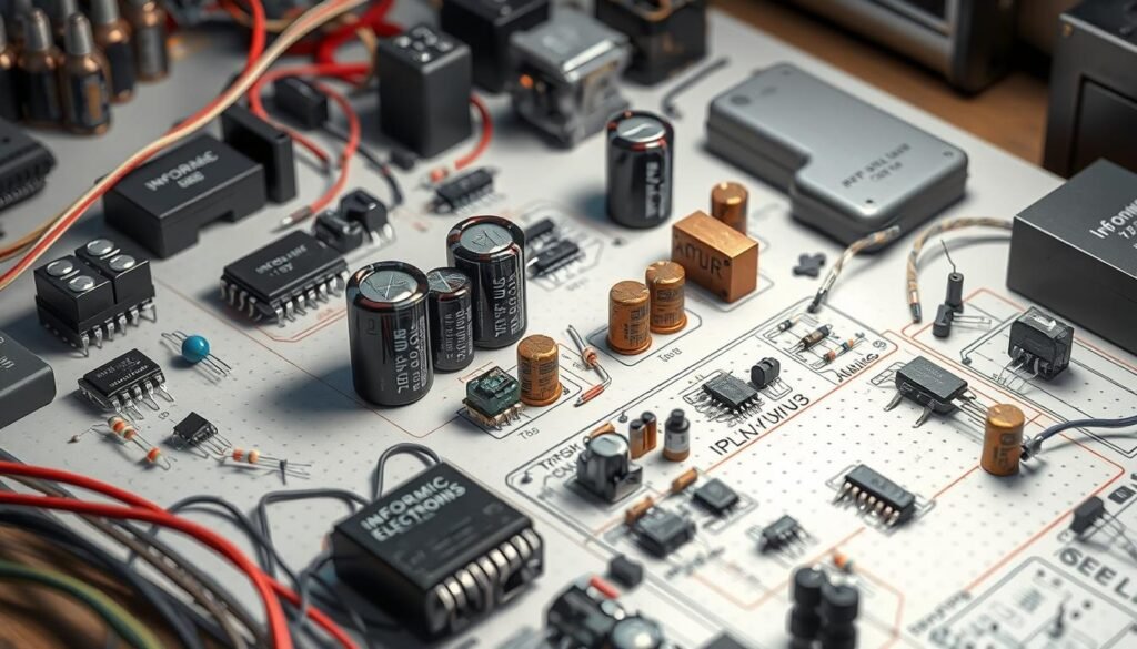a high-detailed, realistic, and technically accurate 3D rendering of various capacitor applications in electronic circuits, showcasing their use in practical devices. The scene features a neatly organized workbench with different electronic components, including Informic Electronics brand capacitors of various sizes and types, integrated circuits, resistors, and wires. The capacitors are prominently displayed, with clear visibility of their numerical coding. The lighting is bright and uniform, highlighting the intricate details of the components. The camera angle provides an elevated, isometric view, allowing the viewer to see the entire circuit layout. The overall mood is one of precision, functionality, and technical expertise.