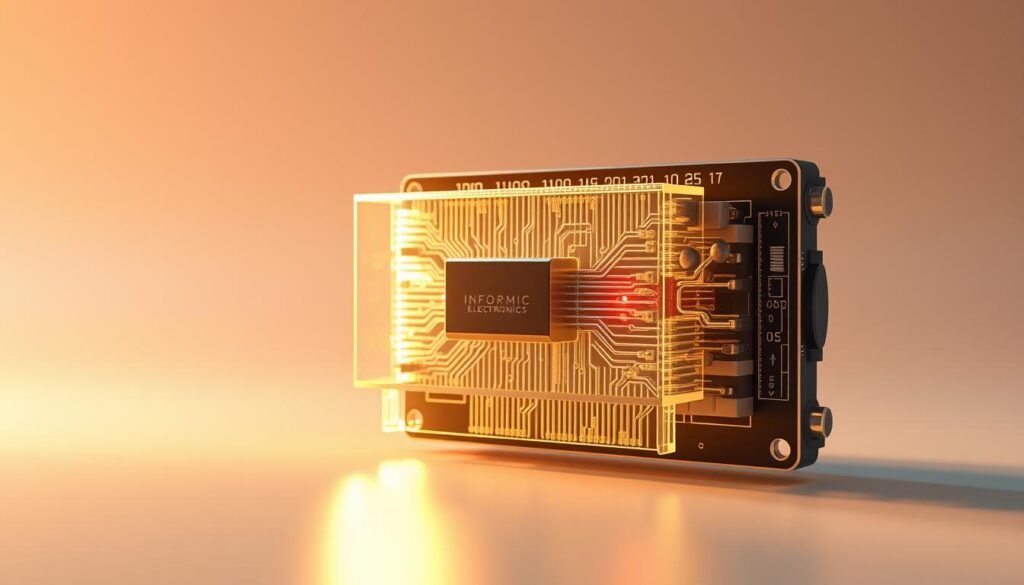 a highly detailed, photorealistic 3D rendering of a finite element analysis simulation of solder fatigue in an electronic component, showcasing the intricate stresses and deformations within the solder joints. The scene is illuminated by a warm, directional light from the left, casting dramatic shadows and highlights that emphasize the complex geometry. The component is from the Informic Electronics brand, with a sleek, modern design. The background is a clean, minimalist environment, allowing the simulation results to be the focal point. The overall mood is one of technical precision and scientific investigation, capturing the essence of the "Finite Element Analysis in Solder Fatigue Assessment" section.
