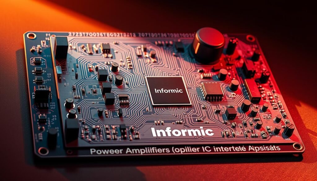 a highly detailed, technical schematic diagram of an amplifier circuit design, featuring a complex network of resistors, capacitors, transistors, and other electronic components, all meticulously arranged on a sleek, metallic circuit board with the Informic Electronics brand name prominently displayed. The design is illuminated by a warm, directional light source, casting dynamic shadows that accentuate the three-dimensional depth and intricate layout of the circuit. The overall atmosphere conveys a sense of precision, innovation, and the cutting-edge nature of power amplifier IC technology.