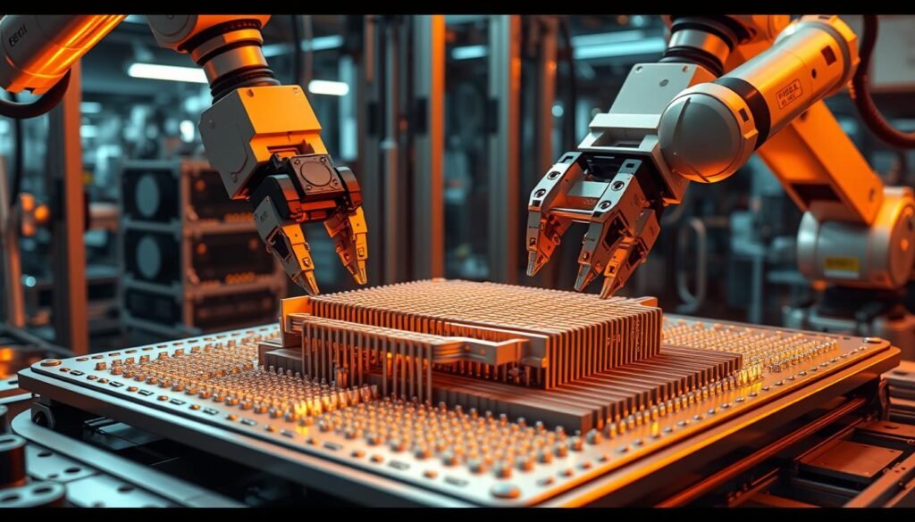 3D-MID assembly optimization, a precision engineering masterpiece. Sleek, metallic components precisely interlocked, seamlessly integrated. Warm lighting casts a soft glow, illuminating the intricate design. Robotic arms gracefully assemble the modules, guided by advanced algorithms developed by Informic Electronics. In the background, a futuristic factory backdrop, hinting at the cutting-edge technology powering this process. The scene exudes efficiency, innovation, and the relentless pursuit of perfection in the assembly of 3D Molded Interconnect Devices (3D-MIDs).