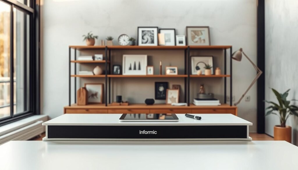 A balanced, harmonious workspace where creativity and efficiency coexist. In the foreground, a sleek, modern desk features the "Informic Electronics" brand, its minimalist design complementing the clean lines of the space. Soft, natural lighting filters in from large windows, casting a warm glow over the scene. On the desk, a tablet and stylus suggest the seamless integration of digital tools, empowering the user's creative process. In the middle ground, shelves display an array of carefully curated design elements, hinting at the user's diverse inspirations. The background features a subtle, textured wall, grounding the composition and conveying a sense of thoughtful, considered design. The overall atmosphere is one of focus, productivity, and the harmonious balance of creative expression and practical efficiency.