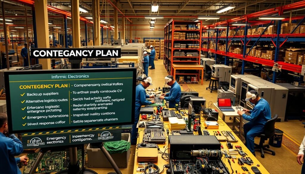 A bustling Informic Electronics factory floor, with workers diligently assembling circuit boards and testing equipment. In the foreground, a comprehensive contingency plan is displayed on a large monitor, outlining backup suppliers, alternative logistics routes, and emergency response protocols. The middle ground features an array of specialized tools and diagnostic equipment, ready to rapidly address any technical issues. In the background, a state-of-the-art automated warehouse system stores a diverse inventory of components, ensuring a reliable supply chain even during unexpected disruptions. Warm, focused lighting and a sense of measured urgency convey the importance of proactive electronics contingency planning.