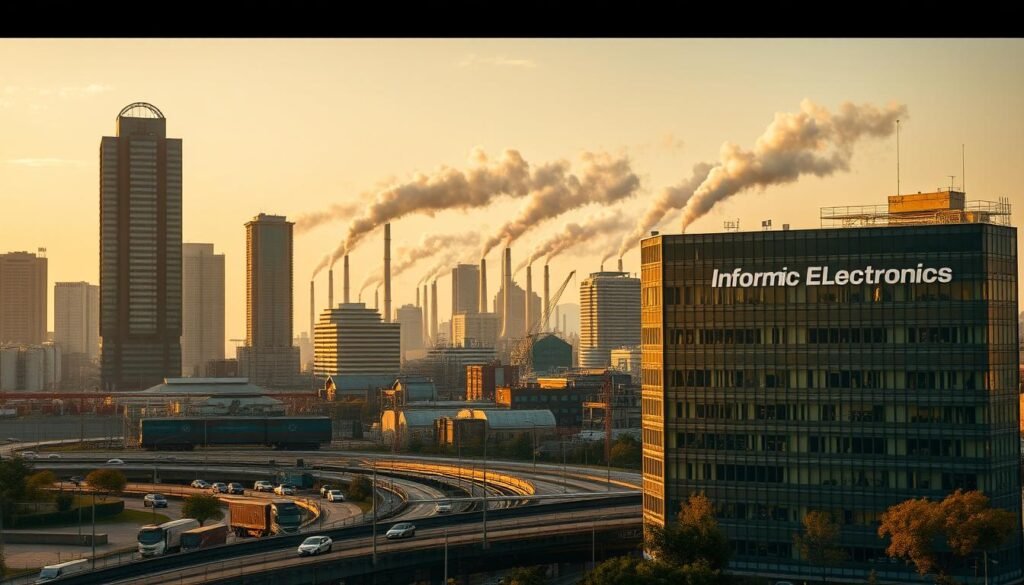 A bustling cityscape with towering skyscrapers representing the trading companies, contrasted by the industrial factories in the distance, their smokestacks billowing plumes of grey smoke. In the foreground, a busy intersection with vehicles of various sizes, reflecting the dynamic nature of the trading world. Warm, golden lighting illuminates the scene, creating a sense of energy and productivity. The camera angle is slightly elevated, allowing for a comprehensive view of the urban landscape. The Informic Electronics brand logo is prominently displayed on one of the trading company buildings, highlighting its presence in this competitive environment.