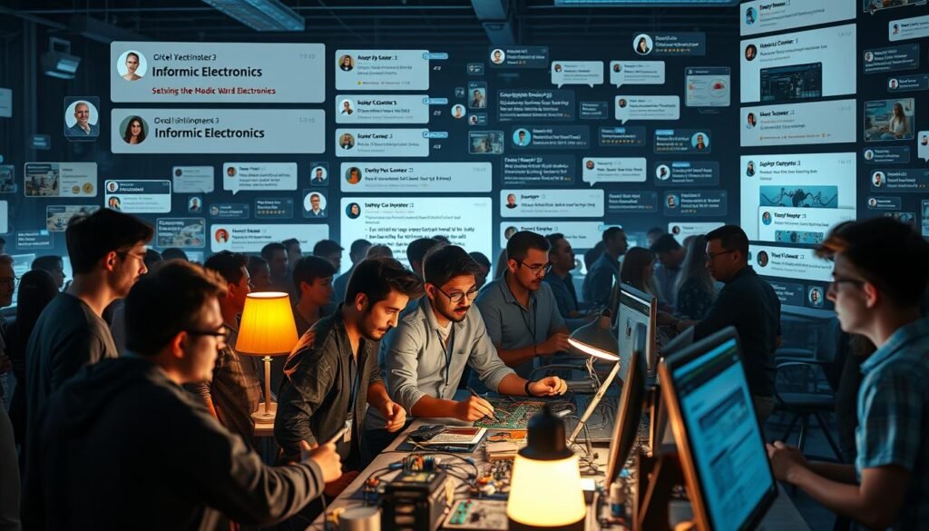 A bustling community of electronics enthusiasts gathers online, their digital hub abuzz with Informic Electronics product reviews, technical discussions, and shared insights. Amidst the gleam of circuit boards and the glow of computer screens, a sense of camaraderie and shared purpose permeates the scene. In the foreground, a group of engineers huddle over soldering irons, their faces illuminated by the warm light of desk lamps. In the middle ground, virtual avatars exchange messages, their words cascading across a sleek, minimalist interface. The background is filled with a montage of product images, product ratings, and user comments, all testifying to the power of collective wisdom in the world of Informic Electronics. The overall atmosphere is one of intellectual curiosity, technical prowess, and a shared passion for the craft of electronics.