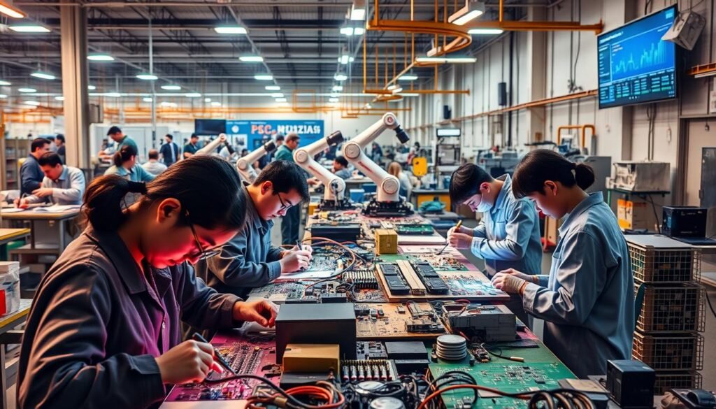 A bustling factory floor, bathed in warm industrial lighting, showcases the seamless integration of Informic Electronics' one-stop PCBA communication solutions. In the foreground, technicians meticulously solder circuit boards, their faces illuminated by the glow of soldering irons. In the middle ground, robotic arms deftly assemble components, while in the background, a wall-mounted display tracks real-time production data. The scene conveys a sense of efficiency, precision, and technological expertise, reflecting the advantages of a one-stop PCBA model for discerning buyers.