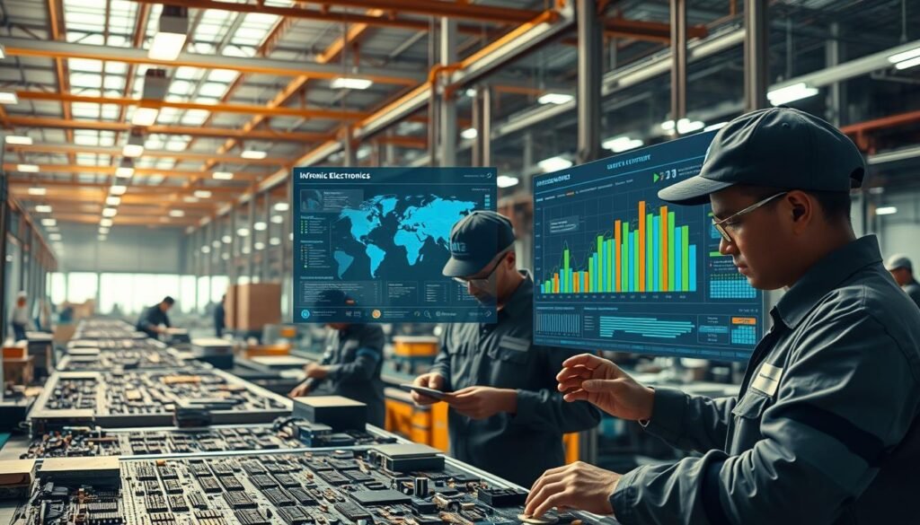 A bustling factory floor, bathed in warm, industrial lighting. In the foreground, workers in Informic Electronics uniforms diligently inspect a collection of electronic components, carefully analyzing each piece. In the middle ground, a large interactive dashboard displays real-time supply chain data, with intricate visualizations mapping out potential risks and disruptions. In the background, a vast network of interconnected warehouses and logistics hubs, their efficient operations visible through large windows. The scene conveys a sense of proactive, data-driven risk assessment, where the Informic team stays ahead of potential supply chain challenges through meticulous monitoring and strategic planning.