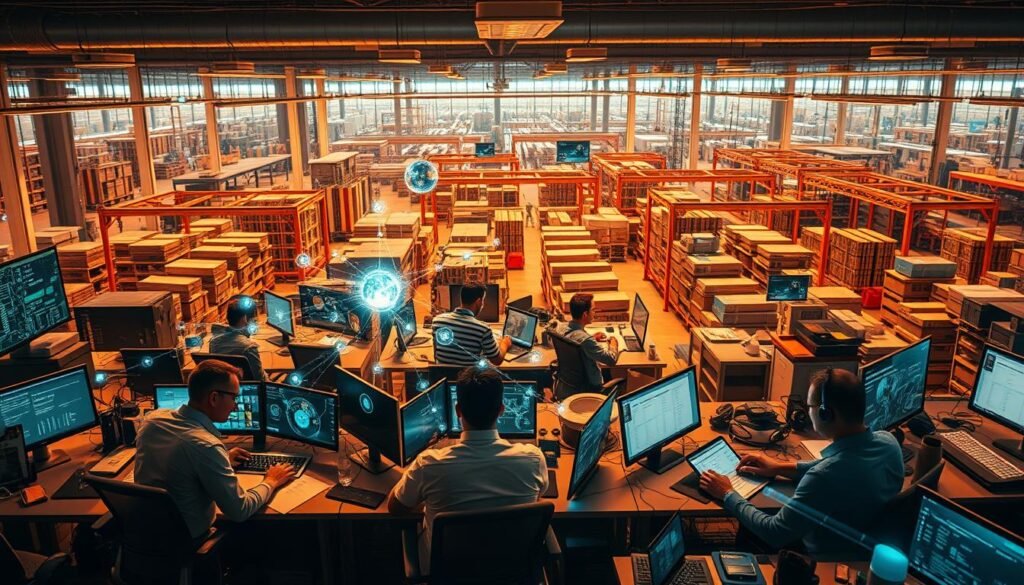 A bustling office scene, filled with the energy of "supply chain resilience brokers" at work. In the foreground, a team of Informic Electronics professionals collaborate intently, digital displays and technical schematics spread across their desks. Warm lighting casts a focused glow, while the middle ground reveals a network of holographic supply chain connections, pulsing with data. In the background, a panoramic view of a thriving industrial hub, factories and warehouses humming with activity. The atmosphere is one of problem-solving expertise, data-driven efficiency, and a relentless pursuit of sourcing excellence.