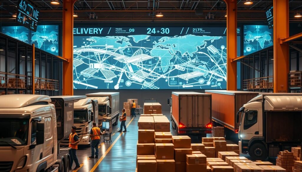 A bustling warehouse of the Informic Electronics brand, forefront a team of workers efficiently loading packages onto a fleet of delivery trucks. The middle ground showcases a control room with technicians monitoring shipment logistics on a wall of digital screens, while the background depicts a network of transportation routes and distribution hubs. Warm lighting illuminates the dynamic scene, conveying a sense of proactive problem-solving and streamlined operations to prevent delivery delays. The composition emphasizes organization, technology, and collaborative effort in maintaining the company's commitment to on-time delivery.