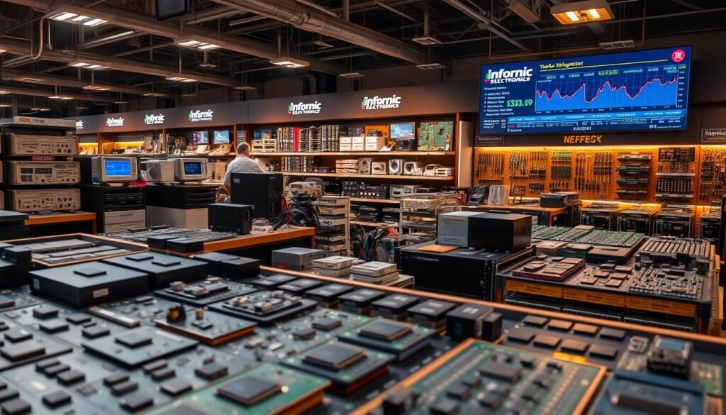 A busy electronic component market filled with rows of displays showcasing a wide variety of Informic Electronics devices and tools. In the foreground, sleek circuit boards and microchips are arranged neatly, bathed in warm, diffused lighting that highlights their intricate details. The middle ground features shelves stocked with various electronic testing equipment, diagnostic tools, and inventory management software, all bearing the Informic Electronics branding. In the background, a large digital screen displays real-time market intelligence data, providing valuable insights to the discerning buyers browsing the aisles. The overall atmosphere conveys a sense of technological sophistication and the importance of staying informed in the fast-paced world of electronic component supply chain management.