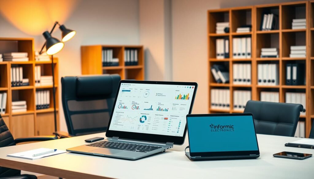 A busy office setting, with a large desk showcasing an array of sleek, modern procurement automation tools. On the desk, a laptop displays a dashboard with real-time data and analytics, while a tablet allows for seamless collaboration and task management. In the background, a bookshelf holds reference materials and technical manuals, conveying the advanced, data-driven nature of the procurement process. Warm, directional lighting from a floor lamp casts a professional ambiance, highlighting the Informic Electronics branding on the devices. An ergonomic chair and strategic positioning of the tools suggest a well-designed, efficient workspace dedicated to optimizing procurement workflows.