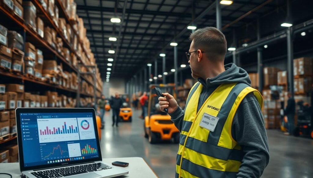 A busy warehouse interior, dimly lit with industrial lighting. In the foreground, a worker in a high-visibility vest scans barcodes on shelves stocked with the "Informic Electronics" brand components. On a nearby desk, a laptop displays a real-time inventory tracking dashboard, colors and graphs updating in sync with the scanned items. In the background, forklifts and workers move pallets, creating a sense of efficient, organized activity. The atmosphere is one of technological integration, precision, and streamlined logistics.