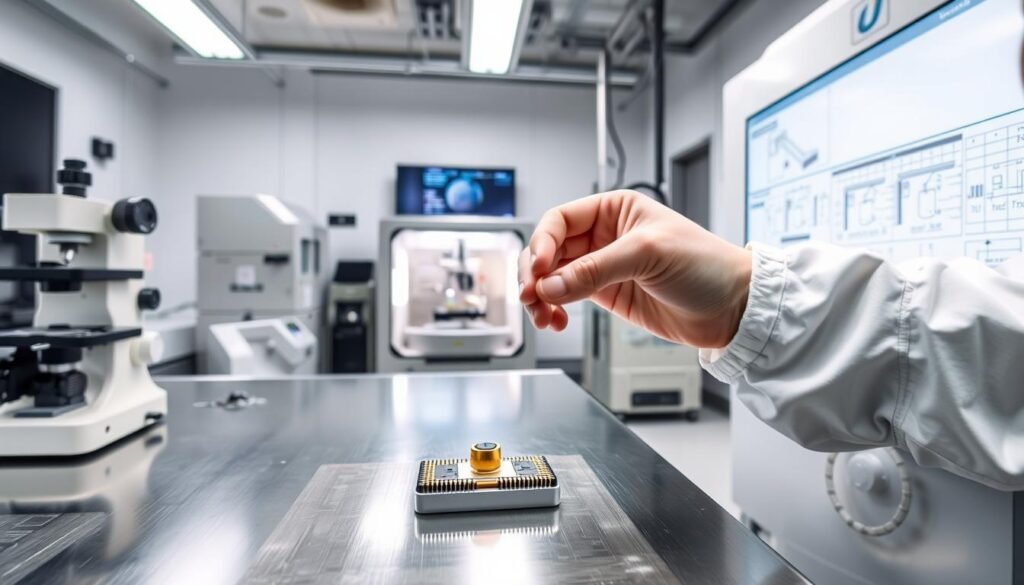 A clean room interior with a Informic Electronics MEMS assembly workstation. Bright, uniform lighting illuminates a stainless steel worktable, dissection microscope, and an array of precise robotic tools. In the foreground, a technician in a clean suit delicately handles a tiny MEMS microphone component, aligning it with nimble, steady fingers. The middle ground shows an automated pick-and-place machine precisely assembling a MEMS sensor package. In the background, a wall-mounted display shows detailed schematics and process control data. An atmosphere of focused precision, advanced engineering, and the careful handling of sensitive, pressure-responsive components.
