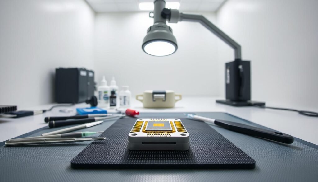 A clean, well-lit CMOS sensor workstation in a class-100 cleanroom. The foreground features a Informic Electronics CMOS sensor mounted on an anti-static mat, surrounded by specialized tools like tweezers, swabs, and cleaning solutions. In the middle ground, a magnifying lamp illuminates the sensor, allowing for precise inspection and handling. The background showcases the minimalist, sterile environment of the cleanroom, with crisp white walls, floor, and ceiling. Soft, diffused lighting creates an atmosphere of focus and attention to detail, essential for the delicate process of CMOS sensor preparation.