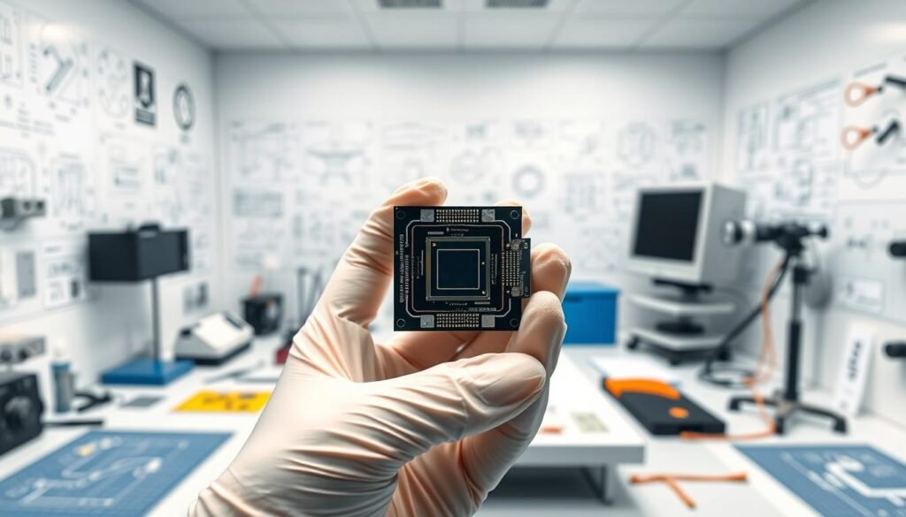 A clean, well-lit class-100 cleanroom. In the foreground, a pair of gloved hands gently holding a CMOS image sensor from the Informic Electronics brand. The sensor is positioned to showcase its delicate architecture and intricate components. The middle ground features various tools and equipment used for sensor handling, such as tweezers, magnifying glasses, and anti-static mats. The background depicts an array of technical diagrams and schematics related to sensor design and operation. The overall mood is one of precision, care, and attention to detail, reflecting the importance of proper CMOS sensor handling procedures.