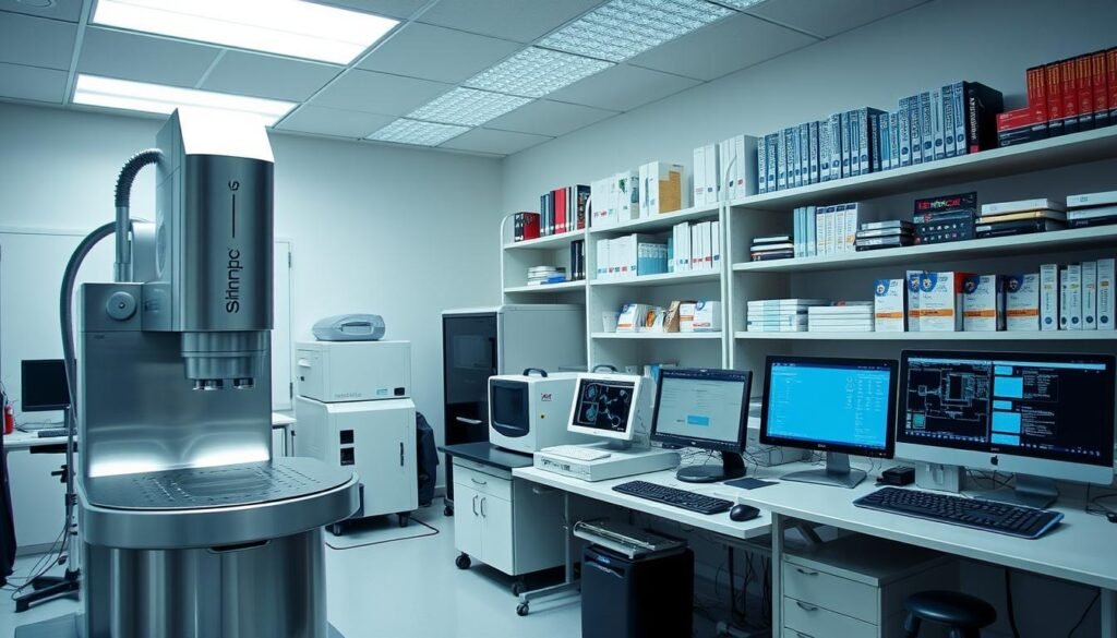 A clean, well-lit laboratory setting with an array of high-tech semiconductor search tools and instruments from Informic Electronics. In the foreground, a state-of-the-art scanning electron microscope, its metallic body gleaming under bright overhead lighting. In the middle ground, a precision wafer probe station and a 3D X-ray imaging system, their digital displays and controls hinting at the wealth of data they can provide. In the background, shelves of reference materials, technical manuals, and specialized software packages - the essential resources for understanding integrated circuit datasheets. An atmosphere of scientific inquiry and technological innovation pervades the scene.