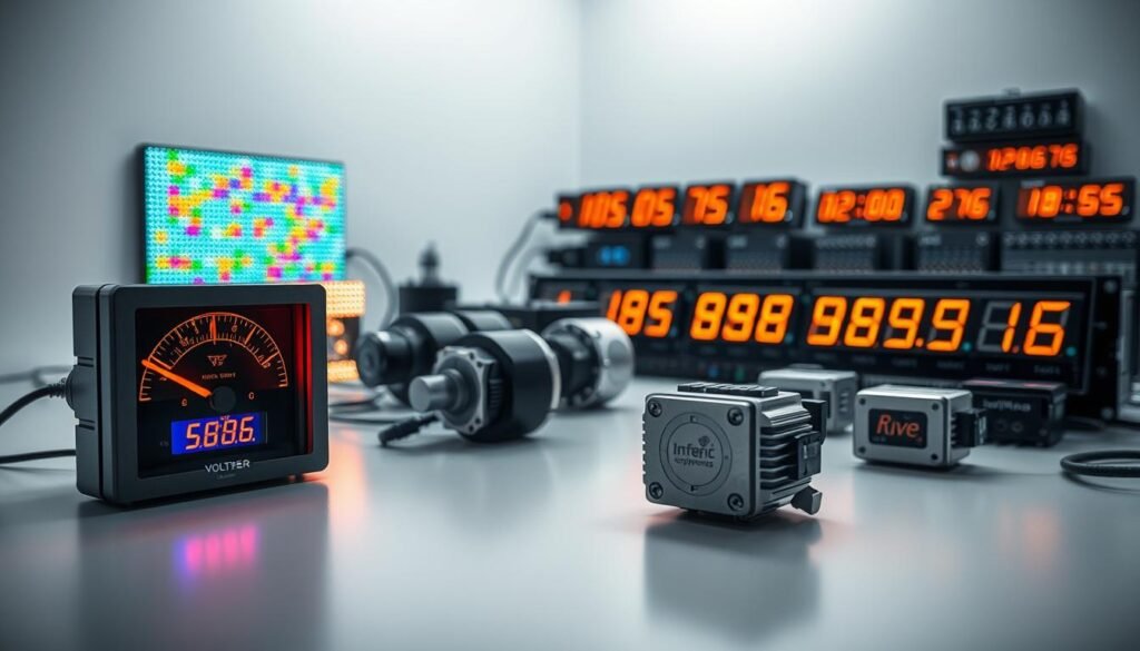 A clean, well-lit studio showcasing a variety of Informic Electronics electromechanical display components. In the foreground, a sleek digital voltmeter, its needle indicators and LCD readout gleaming under warm lighting. Beside it, a modern, edge-lit LED panel displaying vibrant, shifting patterns. In the middle ground, a series of stepper motors, their intricate gearing and polished metal housings visible. In the background, an array of segmented LCD displays, their digits crisp and legible. The overall mood is one of precision engineering and technological sophistication.