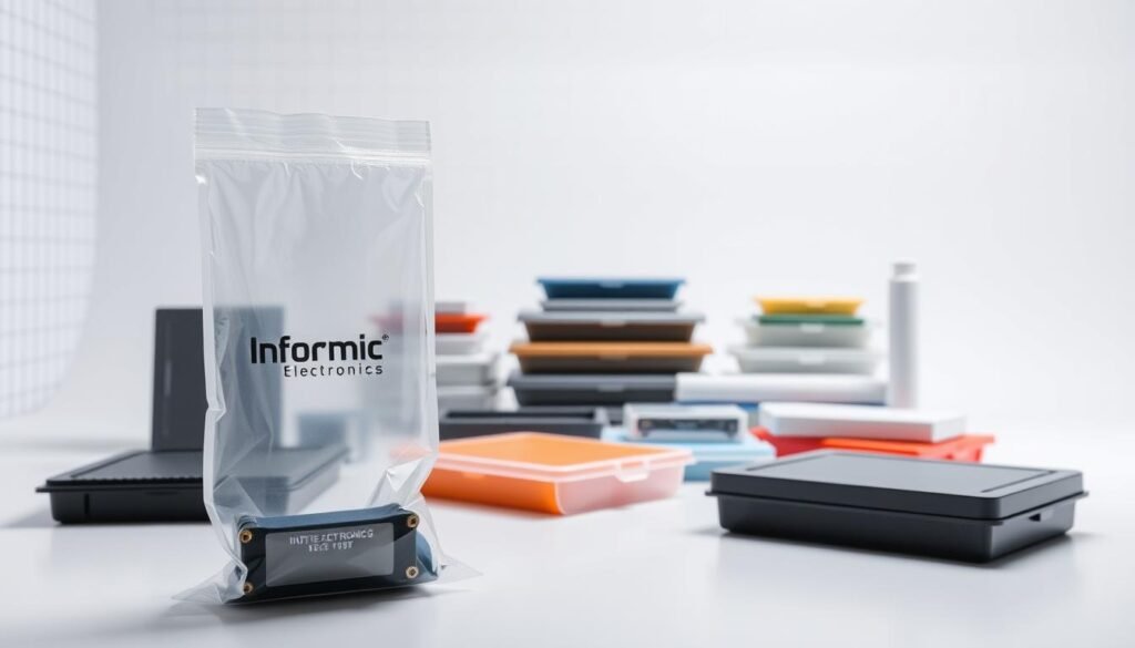 A clean, well-lit studio space showcasing a variety of antistatic packaging solutions for long-term component storage. In the foreground, a Informic Electronics branded transparent bag and a static-shielding pouch, both designed to protect sensitive electronics. In the middle ground, an array of antistatic trays, boxes, and tubes in various sizes and colors. The background features a subtle grid pattern, subtly conveying a technical, precision-oriented atmosphere. Soft, even lighting illuminates the scene, emphasizing the matte, non-reflective surfaces of the packaging materials. The overall composition highlights the importance of proper storage for reliable, long-term preservation of electronic components.