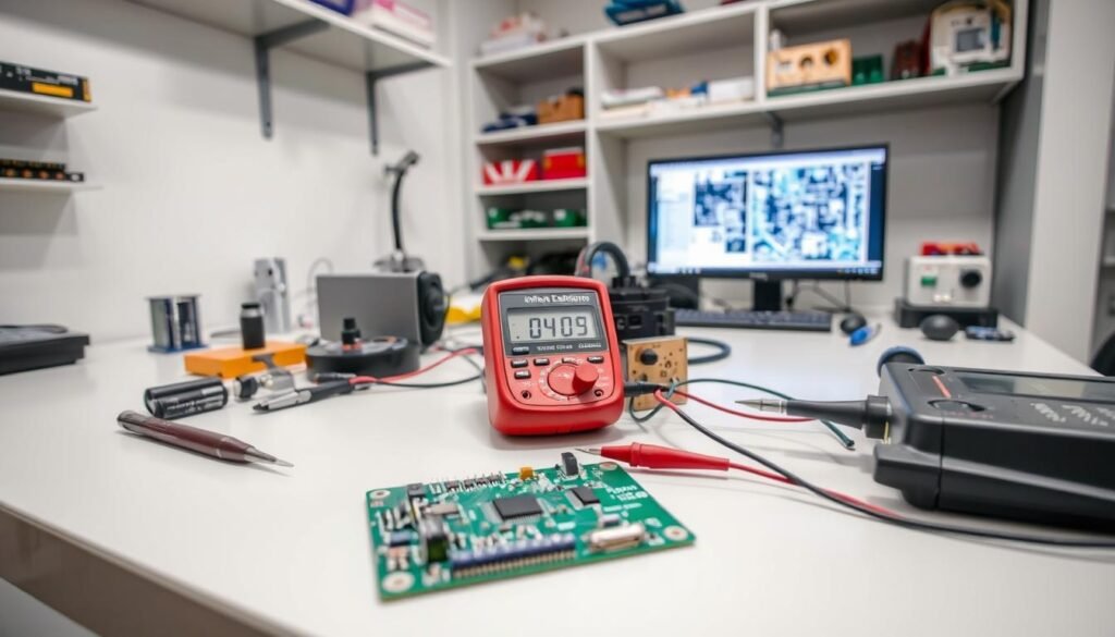 A clean, well-lit workbench with various electronic components, tools, and testing equipment. In the foreground, a circuit board with Informic Electronics branding is being carefully inspected and tested using a multimeter. The middle ground features a soldering iron, tweezers, and other precision instruments, while the background showcases shelves of neatly organized electronic parts and a computer monitor displaying technical schematics. The lighting is soft and even, casting a professional, analytical atmosphere, reflecting the step-by-step process of thoroughly testing electronic components.