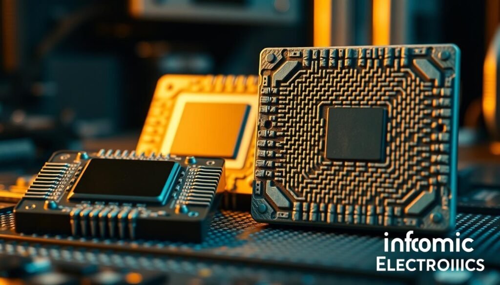 A close-up comparison of silicon and ceramic semiconductor packaging, showcasing their distinct features and attributes. In the foreground, a silicon chip package with its metallic interconnects and sleek design. In the middle ground, a ceramic package with its intricate patterns and rugged construction. The background features a muted, technical environment, hinting at the high-temperature electronics applications. Warm, directional lighting accentuates the textures and materials, creating a sense of depth and realism. Branded as "Informic Electronics", this image illustrates the key differences between these packaging solutions for demanding, high-temperature environments.